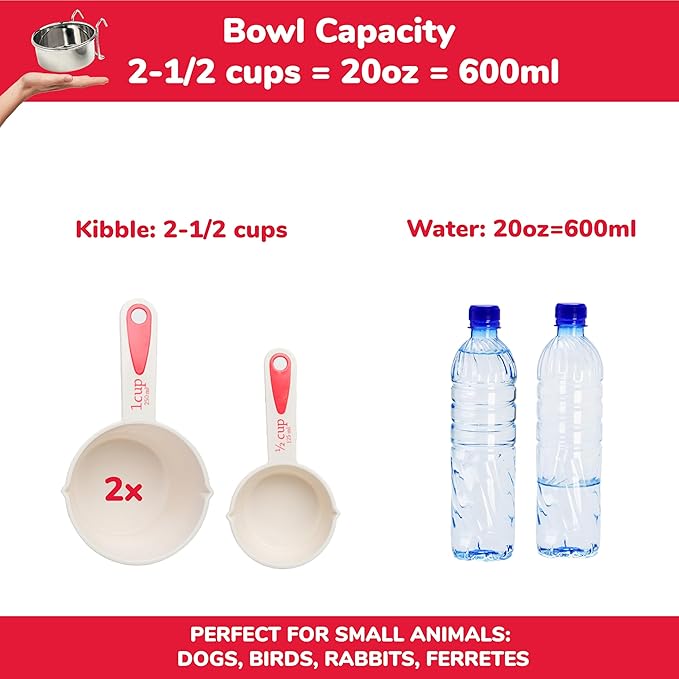 SPOT Stainless Steel Coop Cup with Wire Hooks – Durable, Chew-Resistant Food/Water Bowl for Cages & Crates, Easy Install & Removable, for Cats, Dogs, Birds & Reptiles - 20 Oz (2.5 Cups)