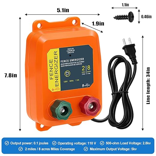 2 Mile AC Powered Low Impedance Electric Fence Charger，0.10 Joule Plug-in Electric Fence Energizer，Contain Small Animals, Keep Out Pests and Wildlife Invasion