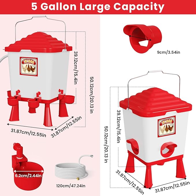 5 Gallon/26 Pounds Automatic Chicken Feeder and Waterer Set, Chicken Waterer with Automatic Float Valve, No Waste, Rain Proof Poultry Feeder, Chick Coop Accessories, for Chicken, Duck, Turkey