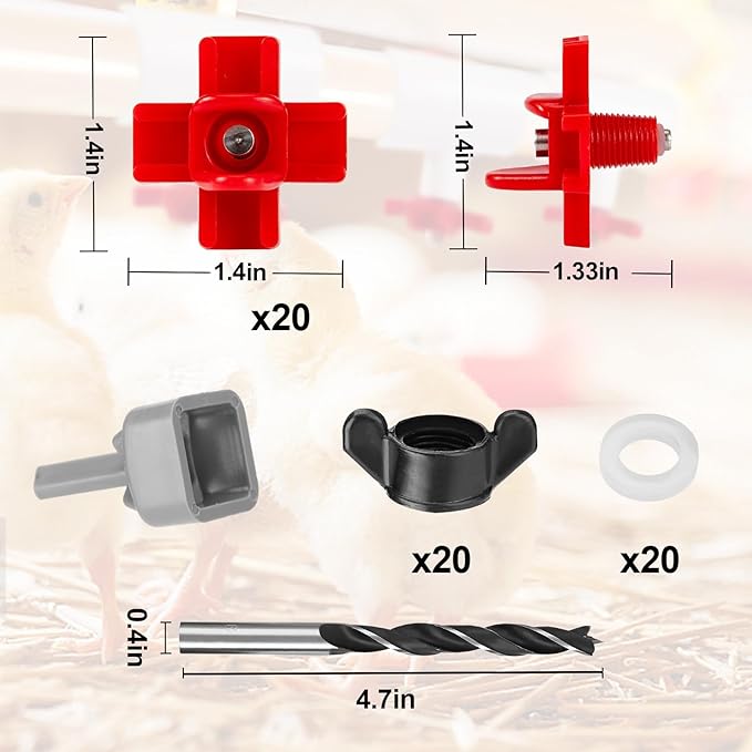 20 Pack Horizontal Chicken Nipples Waterer - Easy Install Automatic Chicken Water Feeder, Poultry Nipples Side Mount Drinkers for Quail Duck
