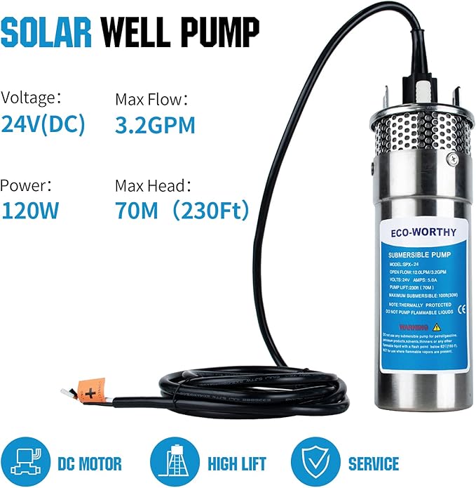 ECO-WORTHY Solar Well Water Pump Kit 24V DC Submersible Water Pump with 4pcs 100W Mono Solar Panel Lithium 30AH Battery&Controller for Well Pond Home Farm Stainless Steel- DELIVERY IN 3 PACKAGES