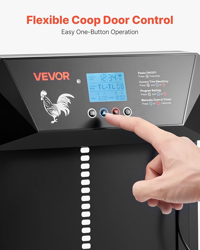 VEVOR Automatic Chicken Coop Door, DC & Battery Powered Chicken Door with LCD Display, Light Sensor, Timer & Manual Setting, Anti-Pinch Security, Durable Aluminum Alloy, Chick Run Gate Opener for Farm