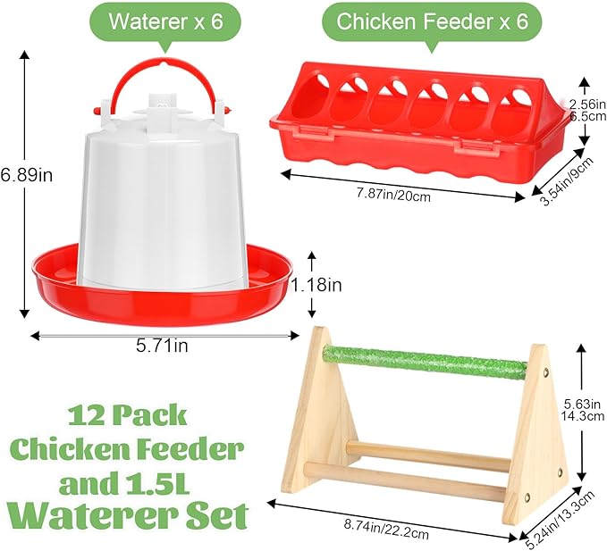 14 Pcs Chick Feeder and Waterer Kit with Wooden Perch Baby Poultry Starter Set 1.5 L Feeding Dispenser for Small Poultry Ducks Quail Pigeon Coop and Brooder