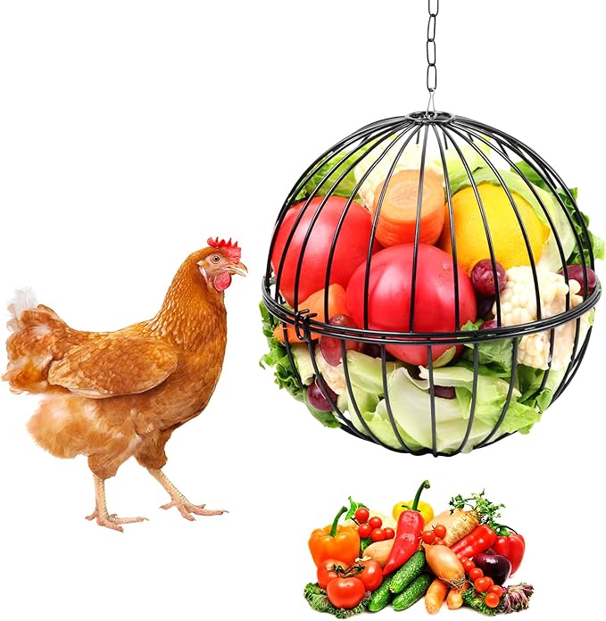 Hanging Chicken Feeder, 7.1 Inch Large Chicken Vegetable Hanging Feeder, Treat Holder with 15.7 Inch Hanging Chain Treat Ball Feeding Tool for Poultry (Black)
