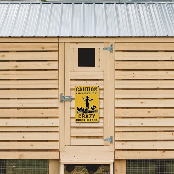 Funny Chicken Gifts for Women Farm Enthusiasts, Caution Area Patrolled By A Crazy Lady Aluminium Plate Signs, Humorous Chicken Decor for Farmhouse Coop Kitchen, Rustic Wall Art Decorations Metal Signs
