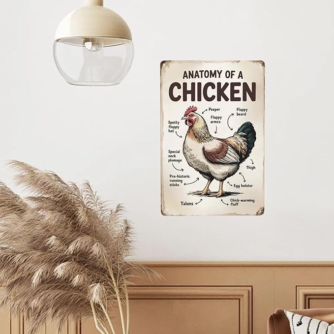 Retro humor wall art sign featuring Anatomy Of A Chicken Metal Tin Sign Classroom Farm Decor Perfect For Hanging In Coop Rustic Vintage Finish Educational 8x12 inch metal sign for home bar wall