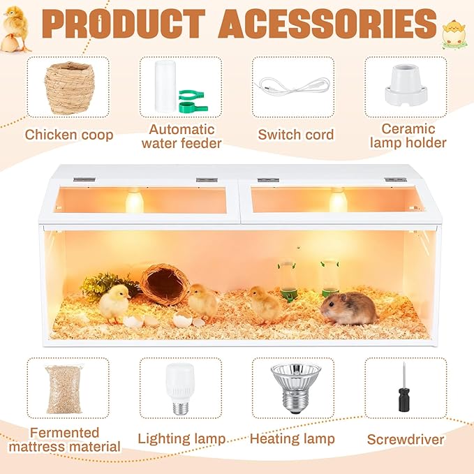 40 x 16 x 16 in Brooder Box for Chicken Quails Stand Sliding Door, Bulb Set and Feeder, Indoor Chicks Coop Brooder Box Kit, for Ducks, Hamsters, Lizards, Mice, Rat (Table Legs, White)