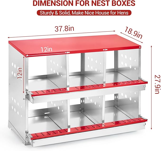 Metal Chicken Nesting Boxes - 6 Hole Wall-Mountable Laying Boxes with Lid & Roll-Away Egg Collection, Weatherproof Galvanized Steel, for Chicken Coop, Red
