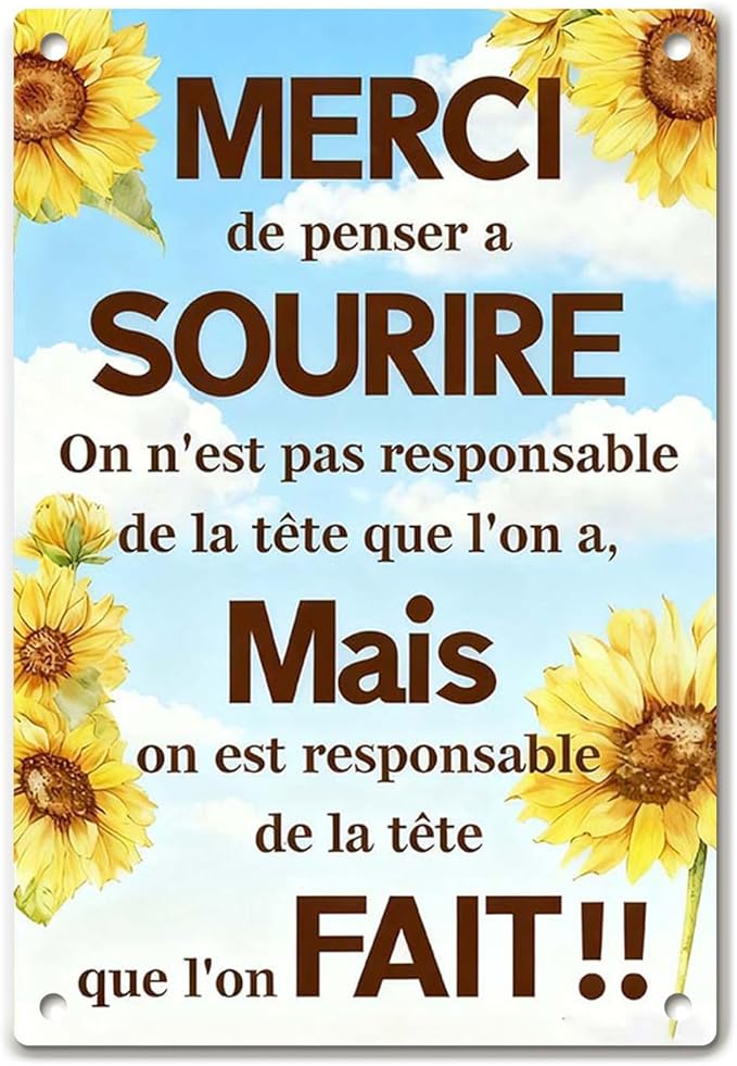 Motivational Wall Decor Metal Tin Signs – Inspirational Wall Art with French Quote, Rustic Farmhouse Wall Decor for Kitchen, Bathroom, or Bedroom, Motivational Sunflower Tin Sign for Home or Rustic Decor, 8x12 Inch