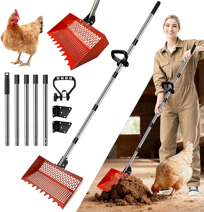 Chicken Coop Scoop (22 to 75") Chicken Coop Rake and Scoop with Grip 5 Section Extra Long Handle Chicken Pooper Scooper for Sand Metal Chicken Cleaning Tools Livestock Rake (Orange)
