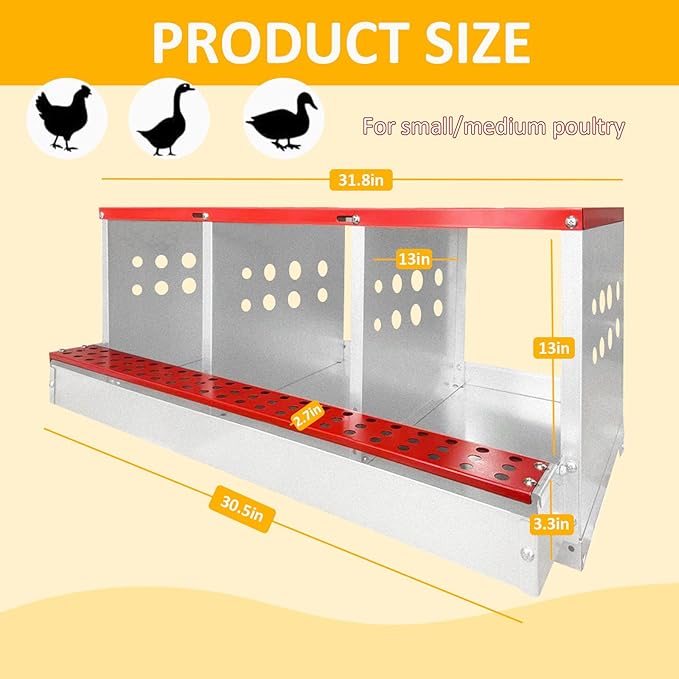 Chicken Nesting Boxes, 3 Compartments Metal Chicken Laying Box with Roll Out Egg Collection with Large Vented Holes for Chickens, Hens, Ducks, Large Egg Laying Boxes (3 Compartments)