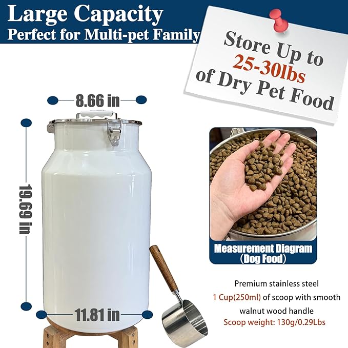 25 Lbs Stainless Steel Dog Food Storage Container with Scoop, Large Metal Dog Food Bin with Airtight Lid & Locking Clamp, Pet Treat Jars for Dogs & Cats, Keep Fresh
