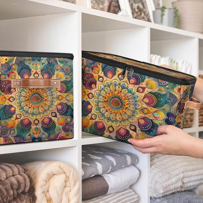 Boho Storage Bins with Zipper Lid Fabric Storage Containers for Clothes Collapsible Closet Storage Basket with Metal Frame 1 Pack