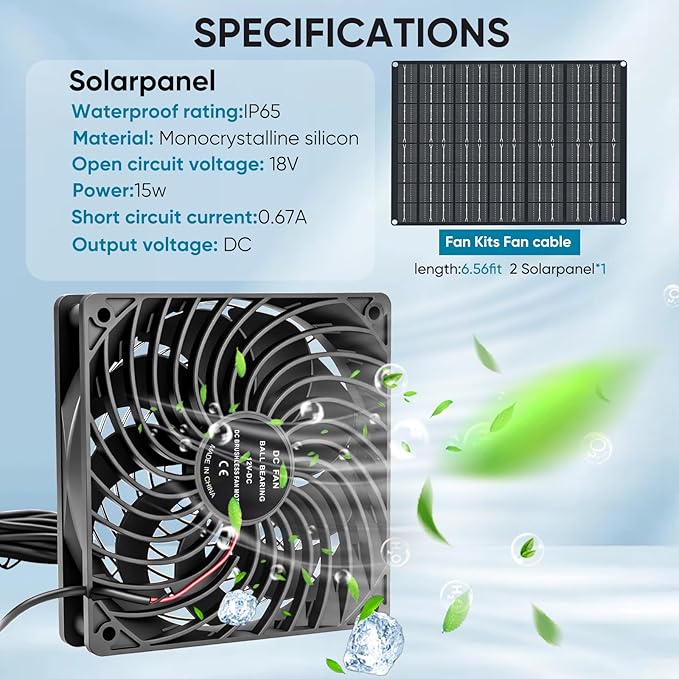 Solar Exhaust Fan 15W Solar Powered Exhaust Fan Kit, 2 Mini Fans, Portable Ventilation Solar Fan for Chicken Coops, Dog Houses, Greenhouses, Pet Homes, Gardens