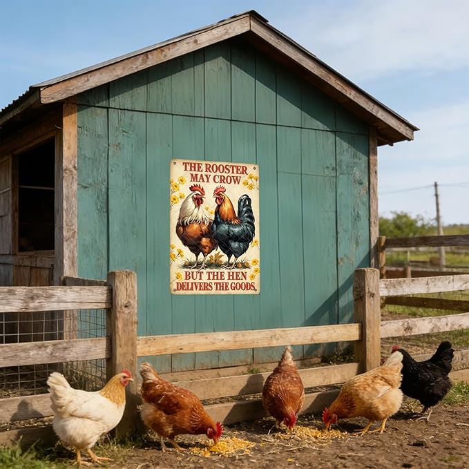 Funny Rooster Signs The Rooster May Crow But The Hen Delivers The Goods Rustic Tin Sign for Home Farm Chicken Coop Decor 12x8 Inch