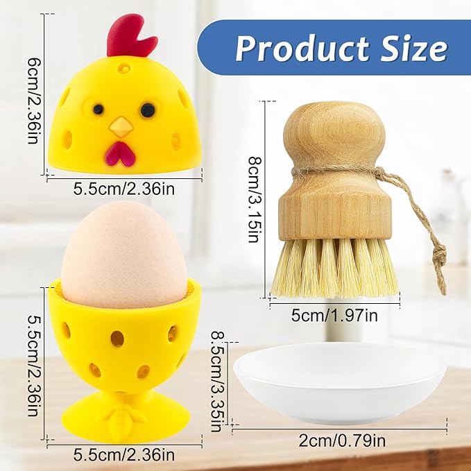 Silicone Egg Brush Cleaner,Multipurpose Fresh Eggs Fruit and Vegetable Rotating Scrubber Tool,and Sisal Wooden Brush with Ceramics Holder Reusable Cleaning Tools for Cleaning Eggs&Vegetables, Pans