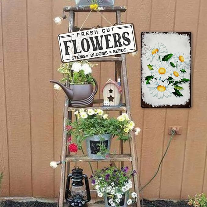 LZHQMI Vintage Tin Signs Flowers White Daisy Metal Wall Art Retro Flower Sign Wall Decor Kitchen Metal Tin Signs Cute Daisy Bathroom Wall Decorative Garden Signs Home Gift 8x12 Inch