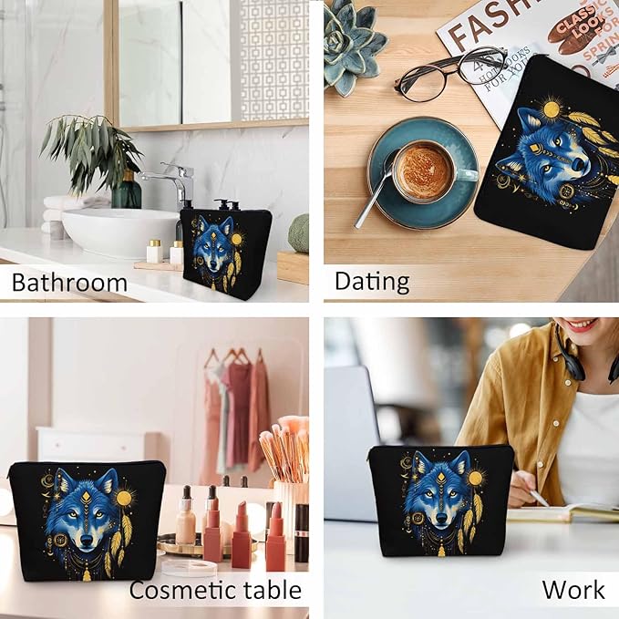 Wolf Makeup Bags Makeup Organizer, Native American Style Wolf Feather Flax Toiletry Bags Travel Cosmetic Bag Makeup Purse Pouch Skincare Bag Wallet Bags For Women Female Mom Daughter, Blue