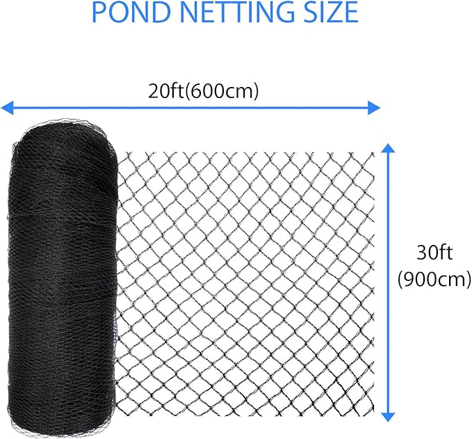 Koi Pond Netting Kit 20 x 30 ft,Black Pond Netting for Koi Ponds Heavy Duty Woven Pond Net for Leaves Reusable Pool Protective Cover Netting Protecting Koi Fish from Birds, Cats and Predators