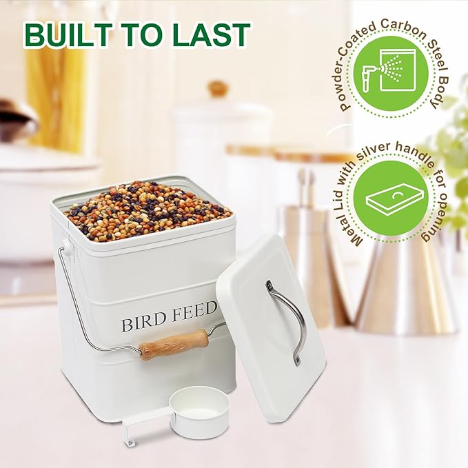 Bird Seed Storage Container Airtight,5~6LB Metal Bird Food Container with Scoop,Wild Birds Feed Tin for Storing Sunflower Seed-Ideal for Outdoor or Indoor-Squirrel proof -White