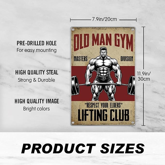 Old Man Gym Metal Sign For Home Wall Decor Masters Division Respect Your Elders Lifting Club Vintage Poster Art Fitness And Weightlifting Enthusiasts 8 x 12 Inch