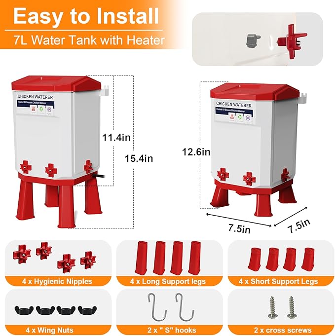 Heated Chicken Waterer 1.9 Gal, Winter, Freeze Proof Chicken Waterer, 4 Nipples for Clean Water，Detachable Legs, Adjustable Height for Chickens, Pigeons, Beaked Poultry