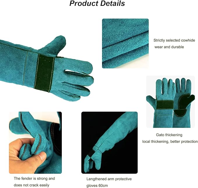 23.6'' Leather Animal Handling Gloves,Bite Proof Multipurpose Pet Glove for Dog,Cat Scratch,Falconry Gloves Grabbing Reptile (Light Green)
