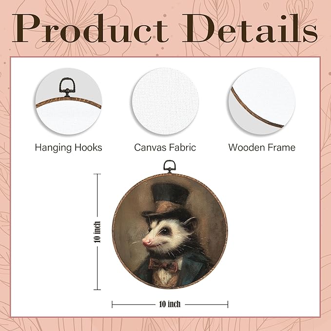 Hxlac Vintage Opossum Round Wall Art Framed, Dark Moody Opossum Round Wall Decor, Rustic Farm Animal Hanging Canvas Prints Wall Sculptures for Home Living Room Bedroom Decor, 10x10 Inch