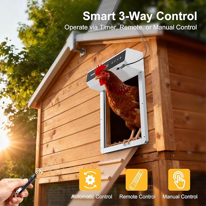 Automatic Chicken Coop Door Solar, Battery Powered & Weatherproof Aluminum, Timer Modes for Safe and Convenient Chicken, Easy Install, Reliable All-Season Performance (White+Black)