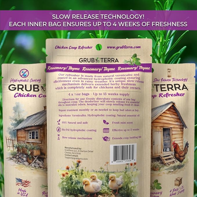 GrubTerra Chicken Coop Odor Eliminator, Coop Refresher & Litter Deodorizer – Zero Odor Neutralizer for Chicken Bedding, Sand, Nesting Pads & Runs - Rosemary & Thyme Scent