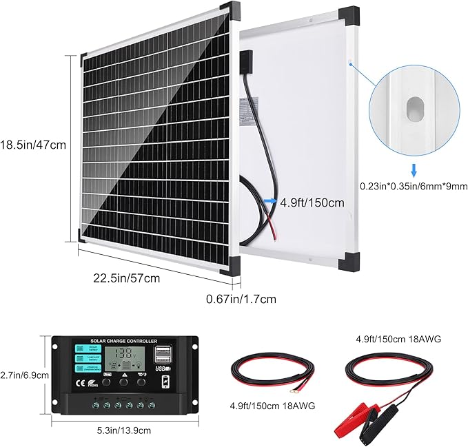 50W Solar Panel Kit with 12V/24V 10A PWM Charge Controller High Efficiency Monocrystalline Solar Panel for Roof RV Boat Farm Camping Car Caravan Camper and Other Off Grid Applications