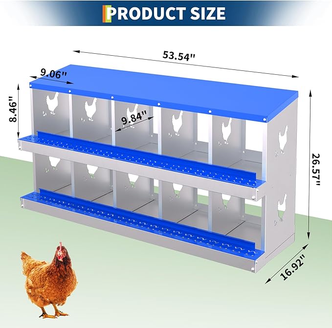 10-Hole Galvanized Chicken Nesting Box, Roll Away Egg Collection, Rustproof Hen Laying Boxes with Legs, Ventilated & Easy Install, Premium Poultry Nest for Chicken Coop/Duck House + Fake Training Eggs