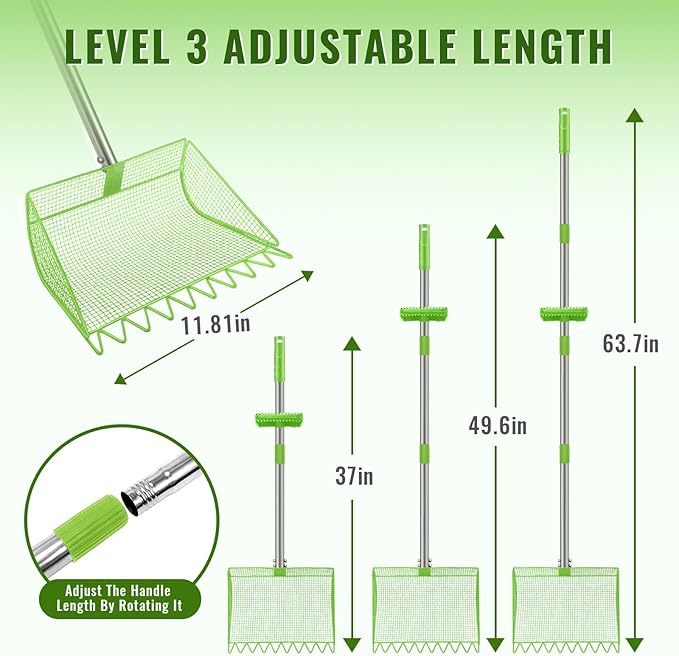 2-in-1 Chicken Coop Scooper: Extra Large 12” Poop Scooper & Rake with Adjustable Handle (37”-65”) | Heavy-Duty Metal Shovel for Quick Pet Waste, Rabbit, Guinea, Barn Cleaning | US Patent Pending,Green