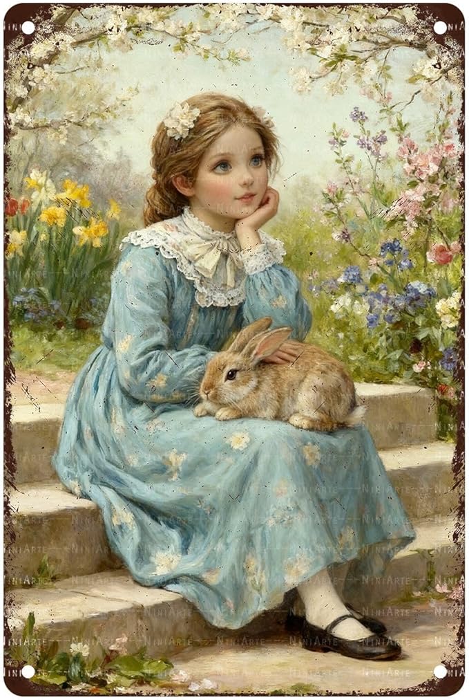 Vintage Easter Bunny Metal Sign Aluminum Wall Decor Farmhouse Style Easter For Home Cafe Restaurant Decor 8X12Inch