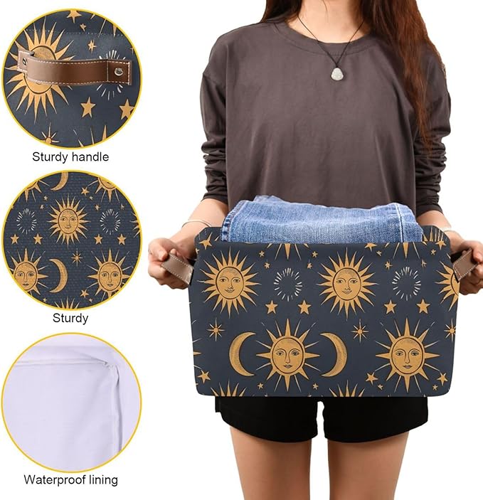 JIPONI Astrology Suns Moon Fabric Storage Bins for Shelves, Decorative Storage baskets for organizing, Closet Organizer with Handle for Cloth, Toys, Bedrooms, Farmhouse