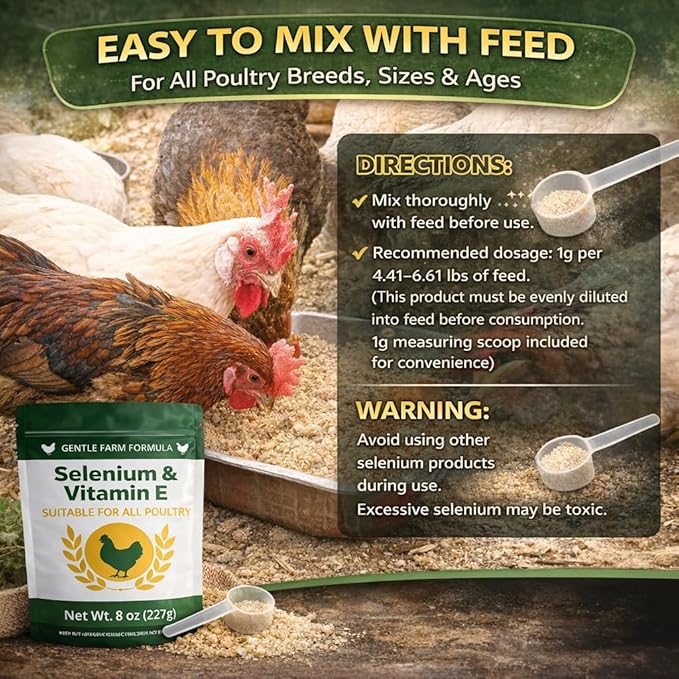 8 oz (227 g) Selenium & Vitamin E Powder for Chickens, Selenium Supplement for Chickens, Supports Immune & Muscle Health, Suitable for All Poultry