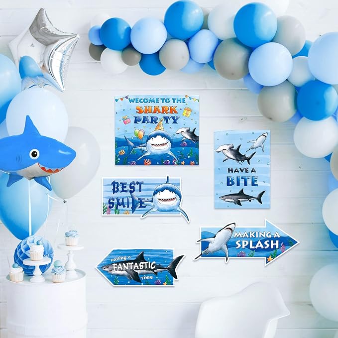WERNNSAI 10Pcs Shark Birthday Party Decorations - Blue Shark Sign Party Decoration for Under The Sea Party Supplies Ocean Animal Party Sign Poster for Birthday Holiday Party Favors