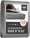 RAINDEWAY Tarps Heavy Duty Waterproof 9x12 Feet,10Mil Thick Multipurpose Poly Tarp Cover with Metal Grommets and Reinforced Edges,Silver/Brown Tarp