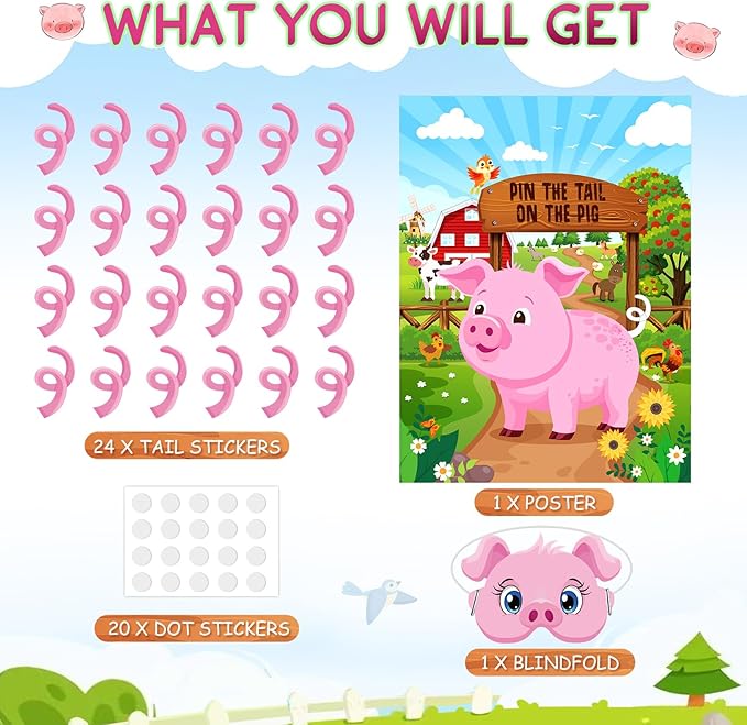 Faccito Farm Animal Games Pin The Tail on The Animals Barnyard Birthday Party Decorations Farm Poster Games with 24 Stickers 2 Eye Masks for Family Activities Birthday Party Decor Supplies(Pig)