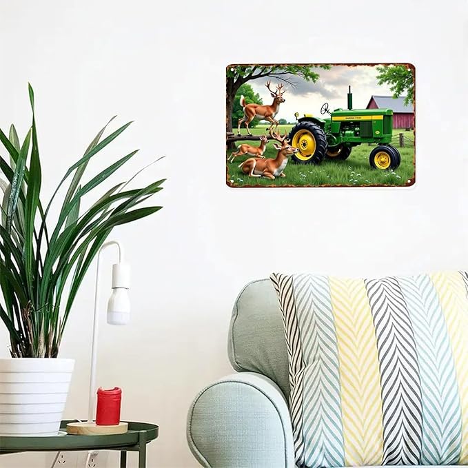Deer Tractor Farmhouse Tin Sign Vintage Deer And Tractor Metal Sign Print Aesthetic for Garden Yard Bar Porch Home Bedroom Kitchen Wall Decor Gift 8 X 12 in