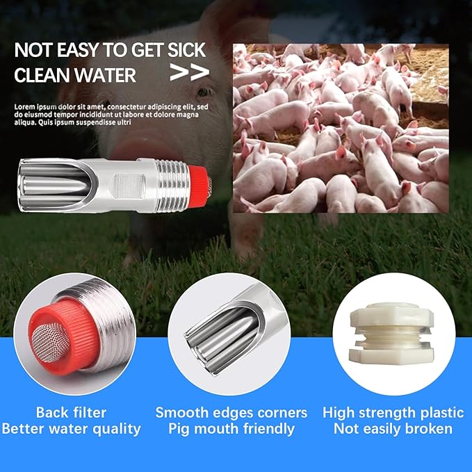 3 Pcs Pig Nipple Drinkers Kit Auto Pig Watering System Stainless Steel with 3 Pcs Plastics Water Tank Connector 1Pcs Hole Opener for Pig Goats Swine Piglets Drinking (3pcs, Plastics)