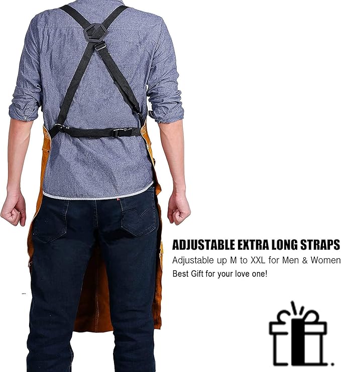 QeeLink Leather Welding Work Apron with 6 Tool Pockets, Heat & Flame Resistant Welder Aprons, 24" x 36", Adjustable M to XXXL