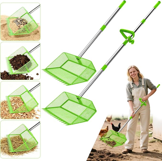 2026 Latest 12inch 2-in-1 Chicken Poop Scooper & Rake with Handle, Heavy-Duty Metal Chicken Coop Scoop for Sand Sifting Shovel Litter Scooper for Farm House Chicken Coop Cleaning Tools Accessories
