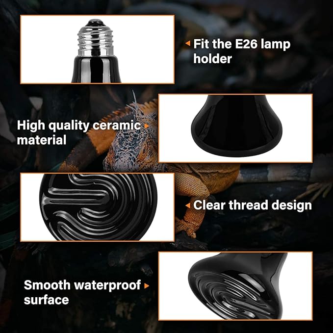 Simple Deluxe 25W 4-Pack Mini Ceramic Heat Emitter Reptile Heat Lamp Bulb No Light Emitting Brooder Coop Heater for Amphibian Pet & Incubating Chicken,Black