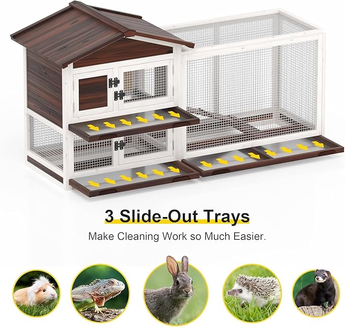 Rabbit Hutch Indoor Bunny Cage Outdoor Rabbit Cage 2 Tier Wooden Guinea Pig Cage with Runway and 3 Pull Out Trays, 4 Opening and Closing Doors