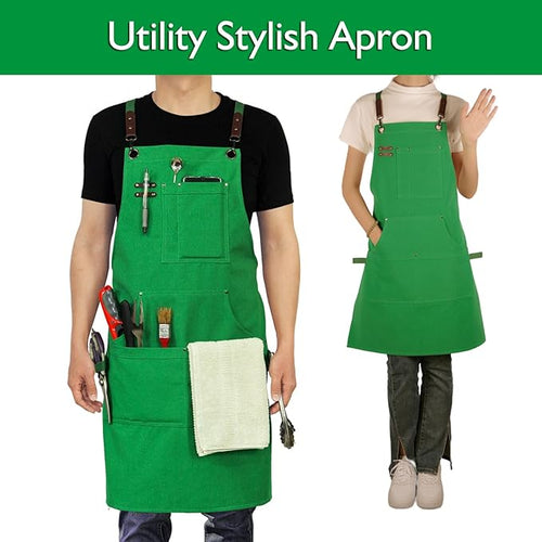 10 Pack Kitchen Aprons, Work Apron, Canvas, Multiple Pockets, Gardening, Painting, BBQ, Artist, Carpenter, Sizes M to XXL, Green