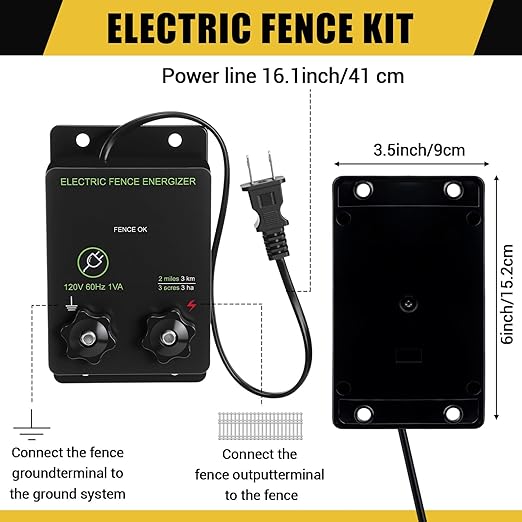 63 Pcs Electric Fence Kit Include 2-Mile Electric Fence 5000v 0.1joule 20 Insulator 1 Socket Tool 200m Polywire 40 T Post Insulators Socket for Predator Protection