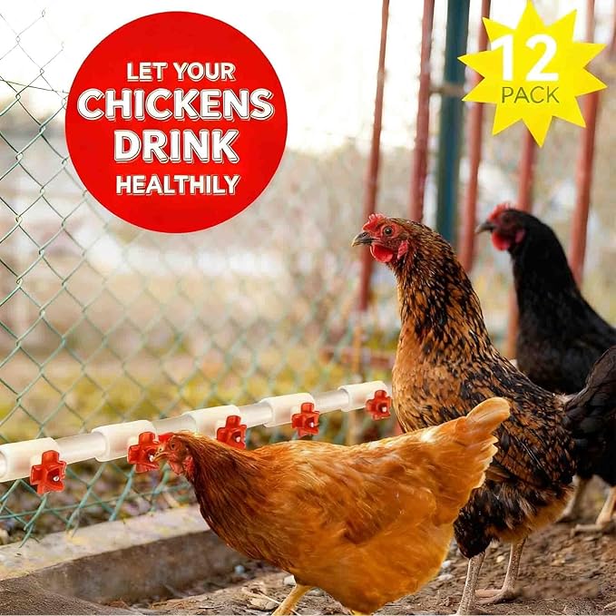 12 Packs Chicken Water Nipples with 1/2'' PVC Tee Fittings, DIY Automatic Chicken Drinking System, Horizontal Side-Mounted Poultry Pacifier Drinking Water Fountain for Poultry