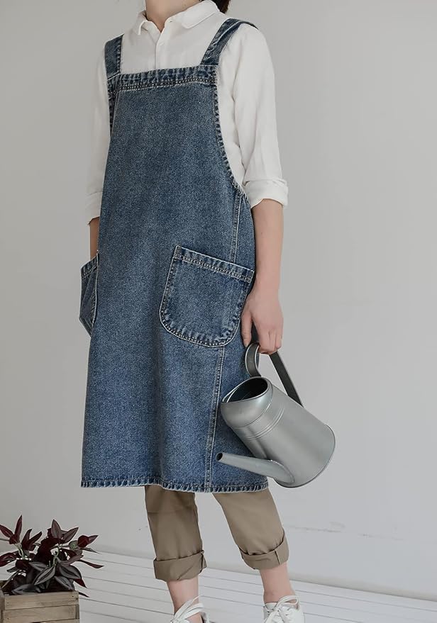 Cotton Denim Apron Soft - Unisex Adjustable Bib Apron with 5-Pockets Perfect for Kitchens