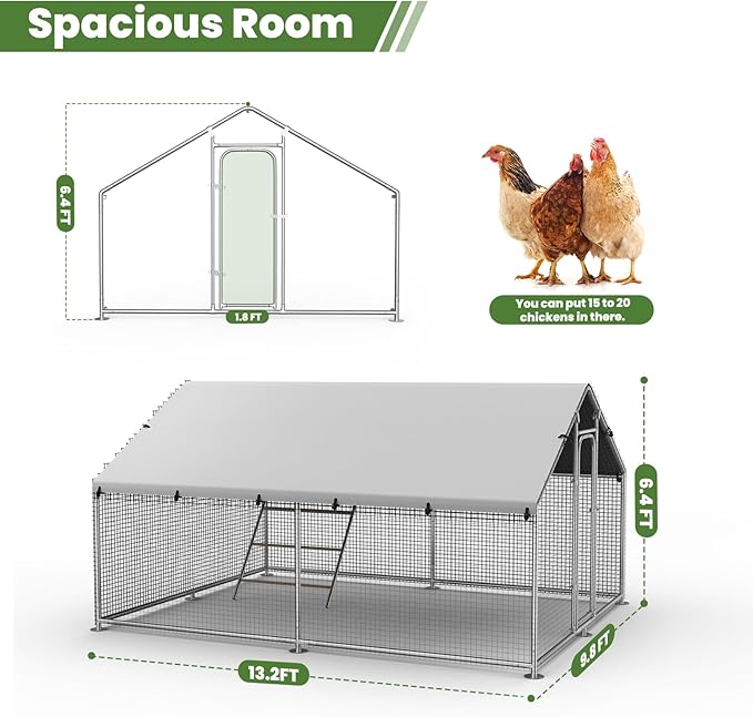 Large Metal Chicken Coop Run with Roosting Perch, Outdoor Poultry Cage with Heavy Duty Wire Mesh and UV-Resistant Cover for Chickens Use, Spire Roof (8.9'W x11.8'L x 6.6'H)